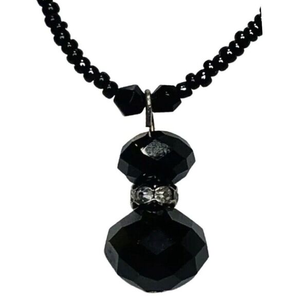 Vintage Black Shimmering Rhinestone Faceted Beaded Chain Pendant Necklace 19” - Picture 6 of 6